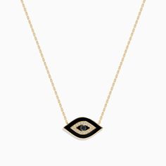 Effy Novelty 14K Yellow Gold Black and White Diamond Evil Eye Necklace Fine Jewelry White Gold Necklace With Black Enamel, Elegant 14k Gold Necklace With Black Enamel, Elegant Black Enamel 14k Gold Necklace, Black Enamel 14k Gold Necklace, 14k Gold Necklace With Black Enamel For Gift, Formal Yellow Gold Necklace With Black Enamel, Black 14k Gold Jewelry With 17 Jewels, 14k Gold Black Jewelry With 17 Jewels, Luxury 14k Gold Jewelry With Black Enamel