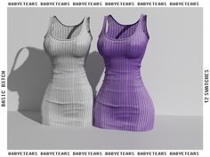 two women's dresses are shown in three different colors and sizes, one is purple the other is white