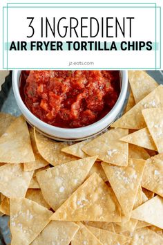 three ingredient air fryer tortilla chips on a plate with salsa in the background