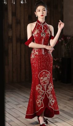 Beth and Brian Qipao-ASN Floral embroidery, high-end, Sequins wedding long Qipao Qipao Outfit, China Traditional Dress, Tea Ceremony Dress, Qipao Modern, Black Cheongsam, Qipao Pattern, Wedding Qipao, Red Qipao, Vietnamese Wedding