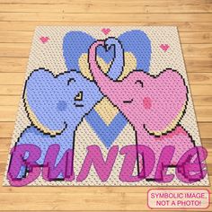 two elephants are hugging each other with the word love spelled in pink and blue letters