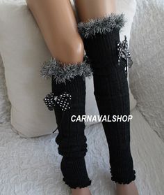 Dark Grey Leg Warmers Grey fur Polka dot Ribbon by CarnavalShop Winter Knitted Socks For Stocking Stuffers, Fitted Acrylic Socks For Winter, Black Knitted Socks For Stocking Stuffer, Cozy Knitted Winter Stockings, Black Leg Warmers For Party In Winter, Winter Knitted Acrylic Socks, Cozy Warm Stockings For Winter, Casual Winter Leg Warmers For Party, Cozy Warm Winter Stockings