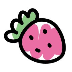 a pink strawberry with green leaves on it's head and two black dots in the middle