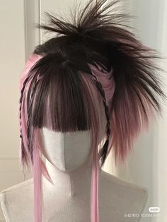 Colored Stripes In Hair, Cybercore Hairstyles, Unnatural Hair Color Ideas, Zodiac Hair Color, 3/4 View, Sharp Hairstyles, Black Brown Highlights, Creative Wigs, Vkei Hair