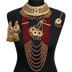 bridal jewellery set. Set includes- Necklace  Mala (long beaded necklace- can be added on)  Earrings  Jhumar  Tikka Pakistani Gold Jewelry, Jhumar Tikka, Maroon Jewelry, Bridal Jewelry Pakistani, Bridal Jewelry Gold, Pakistani Jewellery, Mint Jewelry, Indian Bridal Jewelry, Bollywood Bridal