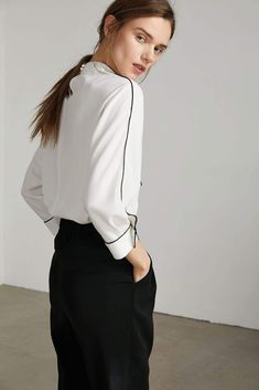 Bolt White Contrast Top – Ifomt Chic Tops With Contrast Collar, Elegant White Top With Contrast Collar, Chic White Blouse For Business, White Business Blouse For Spring, Black Tops With Contrast Trim For Workwear, Black Tops With Contrast Trim For Work, Elegant Office Tops With 3/4 Sleeves, Modern White Office Blouse, White 3/4 Sleeve Office Tops