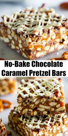 no - bake chocolate caramel pretzel bars stacked on top of each other