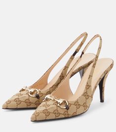 Find GUCCI Horsebit Gg Canvas Slingback Pumps on Editorialist. Upper: fabric. Lining: leather. Sole: leather insole and sole. Toe shape: pointed toe. Made in Italy. Includes: shoe box, dust bags. Designer color name: Beige Ebony/ Cocoa. Closure: elasticated strap. Gucci Shoes Women, Gucci Pumps, Gucci Heels, Gucci Horsebit, Pink Pumps, Slingback Shoes, Beige Shoes, Slingback Pump, Gucci Shoes