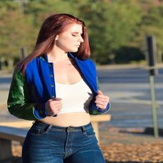 women crop top Varsity Letterman Baseball Jacket Casual Fitted Blue Leather Jacket, Blue Fitted Varsity Jacket For Fall, Fitted Blue Varsity Jacket For Fall, Fitted Blue Cropped Jacket For Fall, Baseball Jacket Women, School Jacket, Women Crop Top, Style Royal, Retro Sports