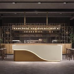 the interior of a restaurant with wooden tables and stools in front of an open bar