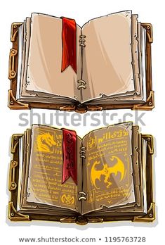 an open book with a red ribbon on the top and bottom pages, in two different positions