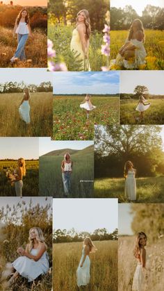 a woman in a field with flowers and grass