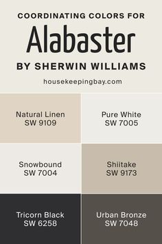 Alabaster SW 7008 by Sherwin Williams | Coordinating Colors Sherwin Williams Snowbound Coordinating Colors, Bronze Sherwin Williams, Colors That Go With Snowbound, Shiitake Paint Sherwin Williams, Sherwin Williams Shiitake Coordinating Colors, Nutshell Sherwin Williams, Alabaster Board And Batten, Neutral Bedroom Paint Colors Sherwin Williams, White Tail Sherwin Williams