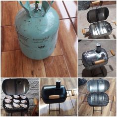 there are many different types of barbecues on the floor and in this case an old propane gas can