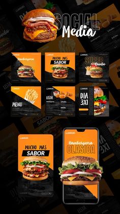 the menu for a restaurant is shown in orange and black, with an image of a hamburger