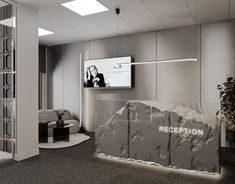 an office lobby with a large rock in the foreground and a television on the wall