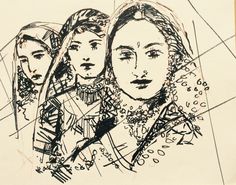 an ink drawing of three women standing next to each other with their faces drawn on paper