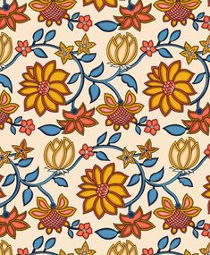 an artistic floral design with blue, yellow and red flowers on a beige background photo