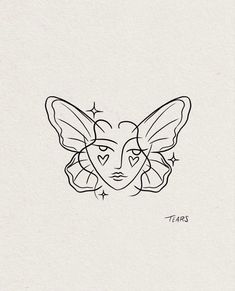 a black and white drawing of a face with a butterfly on it's head