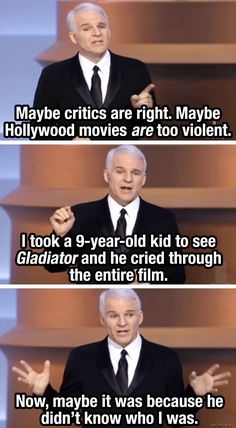 an older man in a suit and tie on stage with the caption that says maybe criticss are right maybe hollywood movies are to violent