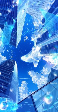 an abstract image of skyscrapers and clouds in the sky, with blue hues