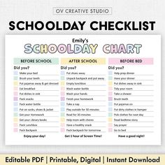 a printable school day checklist with the text, editible and printable