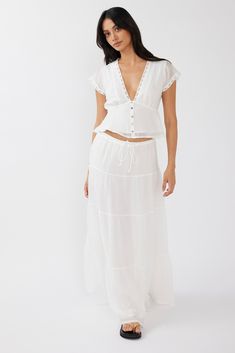 Azura Drawstring Maxi Skirt White Greece Outfit Ideas Modest, Maxi White Skirt Outfit, Outfit Ideas Modest, Vacation Skirts, Maxi Skirt White, Pink Dress Shoes, White Skirt Outfits, Greece Outfit, Summer Sets