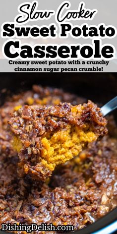 slow cooker sweet potato casserole with cinnamon sugar and pecan crumble