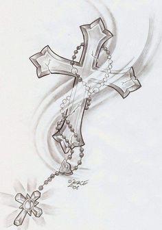 a drawing of a cross and rosary