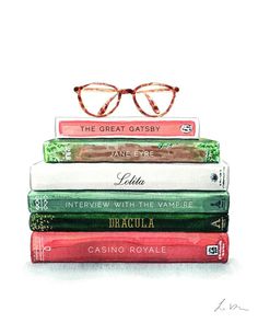 a stack of books with glasses sitting on top of each other in front of a white background