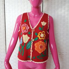 -Wool 100% Embroidered Floral Knit Cardigan -Never Worn. No Flaws -Size: Free Size (It's Asian Size But It Fits M) Spring Wool Knitted Tops, Vintage Red Sweater Vest For Fall, Red Vintage Sweater Vest For Fall, Fitted Red Sweater Vest For Spring, Embroidered Knit V-neck Cardigan, Embroidered V-neck Knit Cardigan, Fitted Embroidered Cotton Cardigan, Red Cotton Sweater Vest For Fall, Red Retro Sweater For Spring