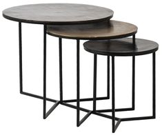 three round tables with black metal bases and wood tops, one on each end table