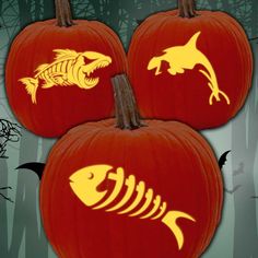 three pumpkins with fish and bones carved on them