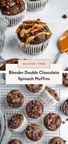 chocolate cupcakes with caramel drizzle on top and the words, blender double chocolate spinach muffins