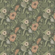 an image of a floral wallpaper with many flowers and leaves on green background,