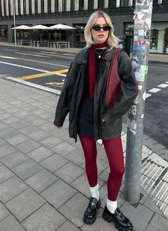 Socks And Tights Street Style, Burgundy Tights Outfits, Cherry Tights Outfit, Burgundy Socks Outfit, Cherry Red Shoes Outfit, Burgundy Mini Skirt Outfit, Cherry Red Aesthetic Outfit, Red Socks Outfit, Burgundy Tights Outfit