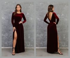 "Bridesmaid Velvet Dress. Gown Dress for Women. Our Dresses made from High Quality Fabric. Dresses made with Love in Europe. More Désir Couture dresses you can find here: https://www.etsy.com/shop/DesirCouture?ref=simple-shop-header-name&listing_id=992376660 ❖ If you wish other neckline, back, sleeves, slit, pockets.. write it in order's note. ❖ Material is quality, flexible and stretchy. ❖ The top of the dress is lined. ❖ In my shop the size scale is different. Please read the dress description Maroon Winter Bridesmaid Dresses, Maroon Velvet Bridesmaid Dresses, Burgundy Dress Bridesmaid, Revenge Dresses, Dark Burgundy Dress, Velvet Burgundy Dress, Bridesmaid Dress Velvet, Open Back Long Sleeve Dress, Gothic Bridesmaids