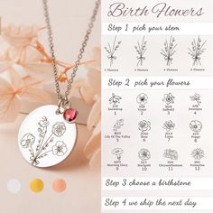 Combined Birth Flower Bouquet Necklace is perfect for everyday wear. Simply stylish and comfortable. Great for layering. Can engrave names, date or meaning words on back  and can custom a birthstone. Build Your Own Bouquet flower necklace and show off your personality. The stainless steel Disc necklace is available in silver, gold, and rose gold.  Birth flower necklace is a wonderful and unique gift idea to show the important people in your life with a cute, dainty, and creative gift. This personalized necklace makes a perfect mothers day gift for mothers or grandma. It is also a unique gift for new mom. Our jewelry pieces come equipped with everything you need for gifting, a gift box included with every purchase at no additional cost. --How to Order-- [In Drop Down Menu] 1. Choose color o Build Your Own Bouquet, Meaning Words, Birth Flower Bouquet, Birth Flower Necklace, Personalized Family Gifts, Flowers Tattoo, Bouquet Flower, Mother Birthday Gifts, Month Flowers