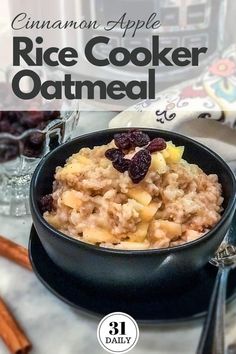 an oatmeal with raisins and apples in a black bowl