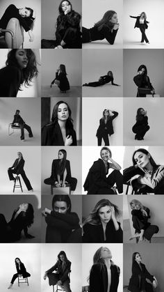 black and white photo collage of women in business attire sitting on chairs, posing for the camera