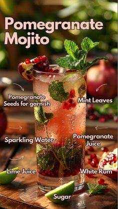 the ingredients for pomegranate mojito are shown in this recipe book