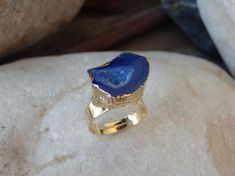 Blue Druzy Ring, Asymmetric Ring, Tall Natural Raw Druzy Ring, Druzy Agate Gemstone, Gold Plate Blue Blue Wedding Rings With Natural Stones, Wedding Blue Rings With Natural Stones, Handmade Blue Agate Rings, Asymmetric Ring, Ruby Red Necklace, Swarovski Pendant, Druzy Jewelry, Fruit Jewelry, Rings Collection