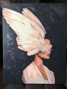 a painting of a woman with white feathers on her head is shown in front of a black background