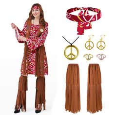 a woman is dressed up in hippie clothing and accessories with peace signs on them