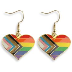 a pair of heart shaped earrings with multicolored stripes on the front and back