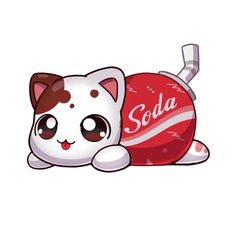 a white cat laying down next to a red ball with the word soda on it