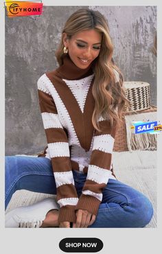 Brown Striped Color Block Turtleneck Knitted Sweater Brown Pointelle Knit Long Sleeve Sweater, Brown Long Sleeve Tops With Pointelle Knit, Brown Long Sleeve Pointelle Knit Top, Brown Pointelle Knit Long Sleeve Tops, Brown Open Knit Top For Fall, Fall Brown Open Knit Sweater, Brown Pointelle Knit Tops For Winter, Winter Brown Knitted Top, Turtleneck Pointelle Sweater