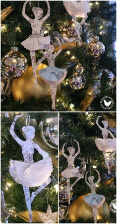 christmas ornaments are hanging from the tree in different styles and sizes, including ballerinas