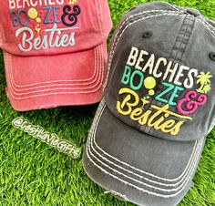 ️ Beaches Booze & Besties Hat - Baseball Cap or Hat! Distressed  * Pink  * Black * Light Turquoise  * Light Khaki Great gift for friends! ️ Beach Hat, Vacation, Baseball Hat, Cap, Lake, Crazy Hair, Trucker Hat, Mom, Mother, Mother's Day.... VACAY ALL DAY with your besties! 😎☀️ Fun Summer Dad Hat, Fun Summer Dad Cap, Brimmed Dad Hat For Summer Beach, Playful Beach Season Hat, Playful Beach Hat One Size Fits Most, Beach Visor Hat With Letter Print, One Size Letter Print Snapback Hat For The Beach, Letter Print Visor Hats For The Beach, Novelty Summer Beach Baseball Cap