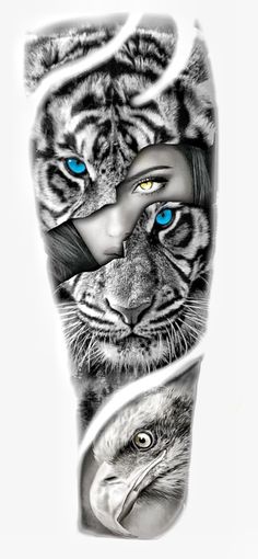 an eagle and tiger face with blue eyes